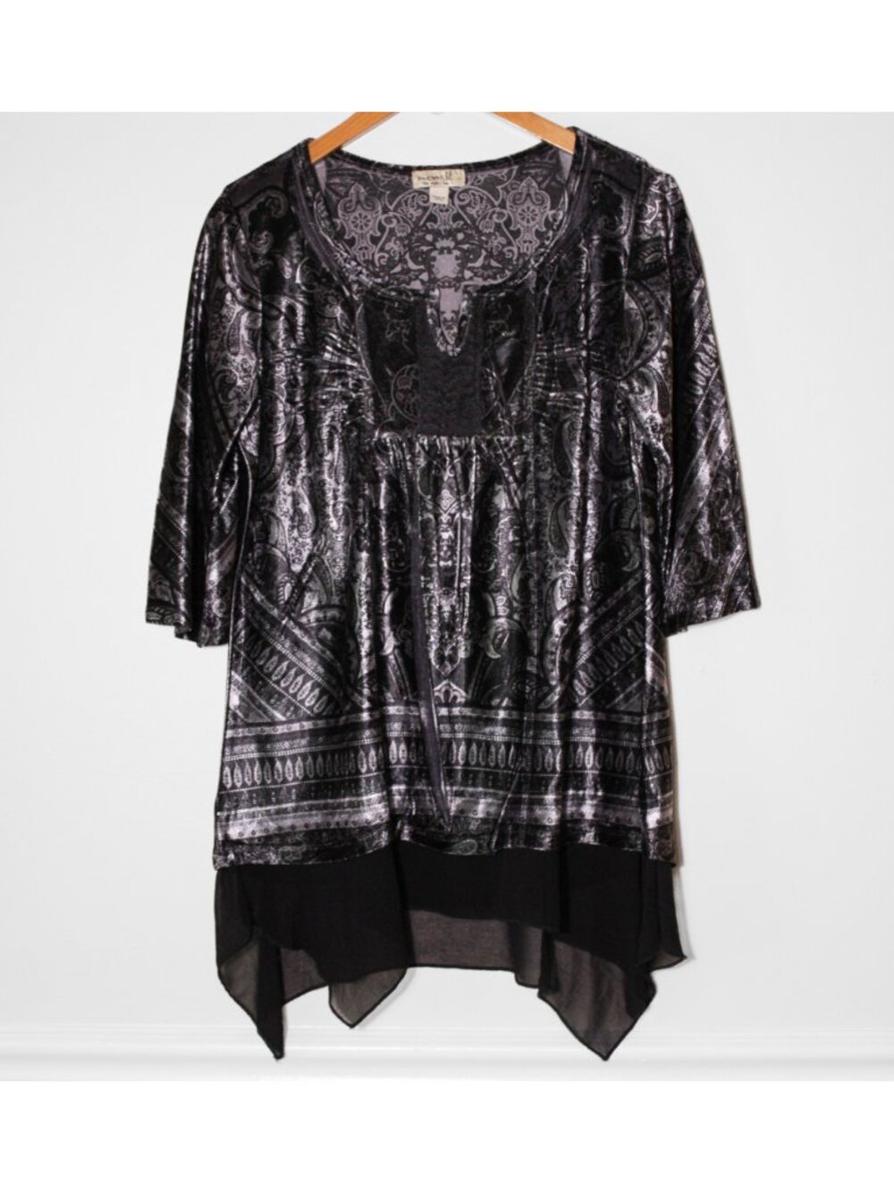 One World Velvet Tunic Top Paisley Black Gray Artsy Whimsy Gothic Size L